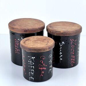 Vallenti Italy Black Multi Languages Enamel Metal Canister Set With Wood Top